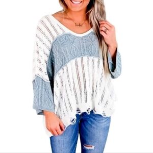 POL Oversized Color Block Top Distressed Pullover Boho Coastal Open Knit